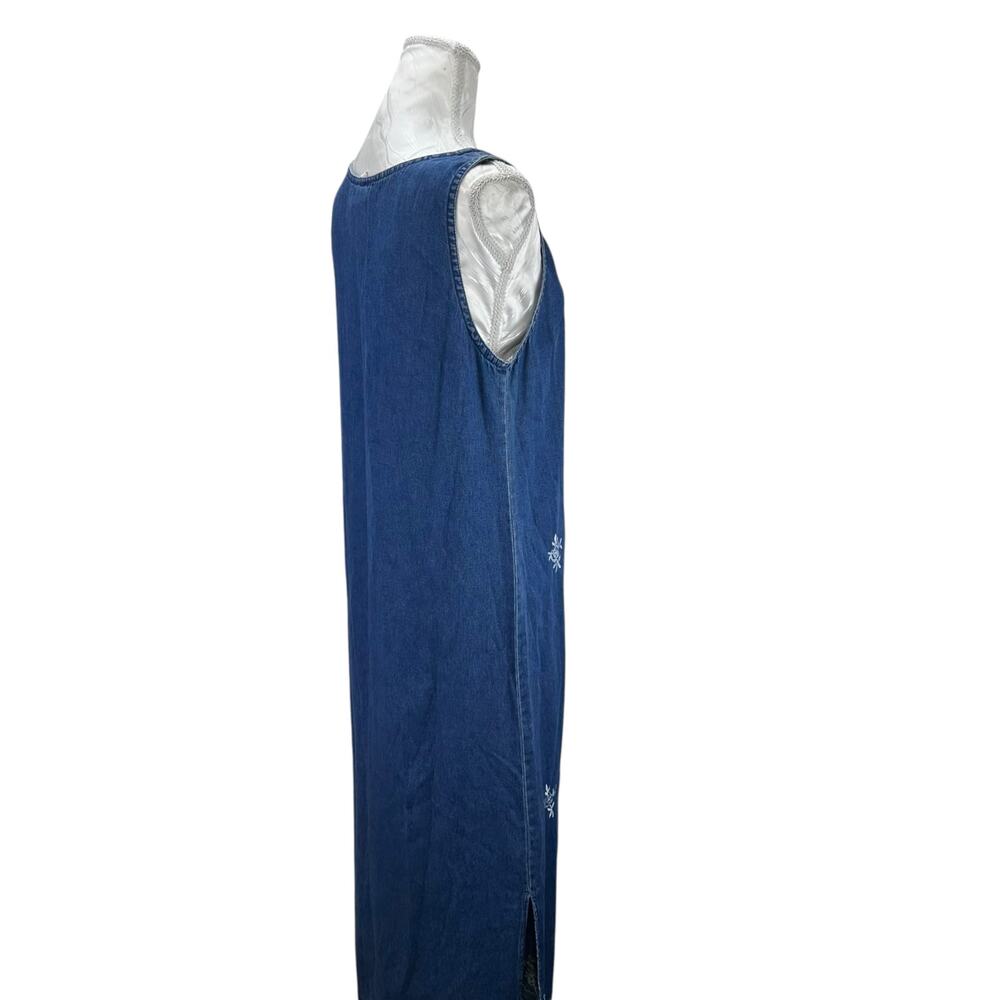 Vintage Embroidered Denim Dress Floral Sleeveless Button Side Blue Womens Small - Picture 10 of 11